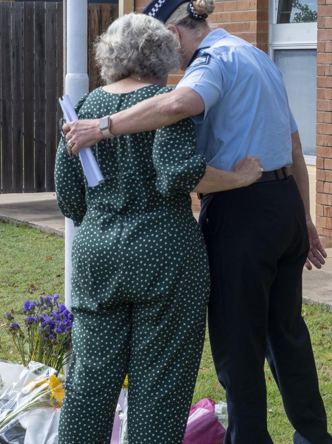 Commissioner Katarina Carroll at Chinchilla Police Station comforting a woman after the Wieambilla shooting. Picture: Nev Madsen.