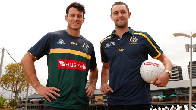 Jack Gunston (right) with Robbie Tarrant ahead of the International Rules series against Ireland. Picture: Images