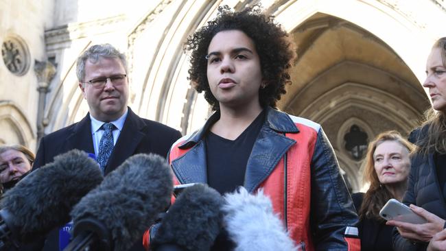 Keira Bell speaks to reporters outside the Royal Courts of Justice in London in 2020. She began taking puberty blockers when 16 before 'detransitioning'. Picture: EPA/Facundo Arrizabalaga