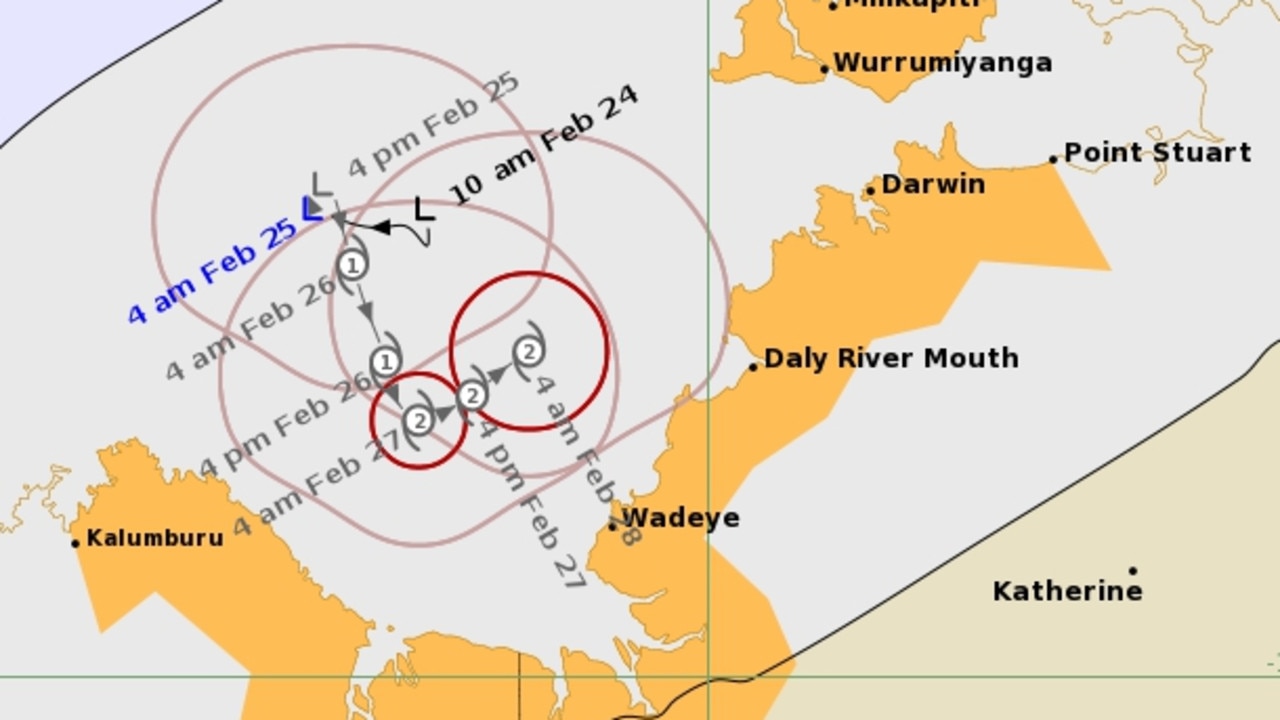 Tropical cyclone forecast track map issued at 4:06 am ACST Friday 25 February 2022. Picture: Bureau of Meteorology