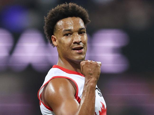 SYDNEY, AUSTRALIA - MAY 17: Joel Amartey of the Swans celebrates kicking a goal during the round 10 AFL match between Sydney Swans and Carlton Blues at SCG, on May 17, 2024, in Sydney, Australia. (Photo by Mark Metcalfe/AFL Photos/via Getty Images)