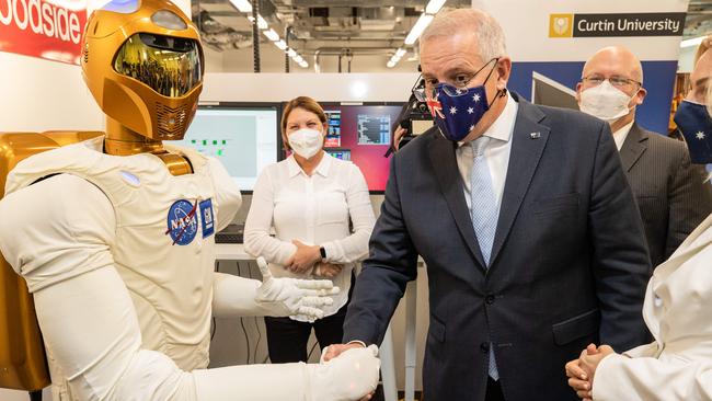 Prime Minister Scott Morrison visits Woodside Karda Robotics in Perth. Picture: Jason Edwards