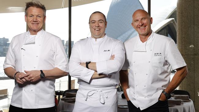 Secret weapon: Gordon Ramsay, left, with secret weapon and executive chef of Restaurant Gordon Ramsay, Matt Abe, centre, and Matt Moran at Aria Restaurant Sydney. Picture: Jonathan Ng