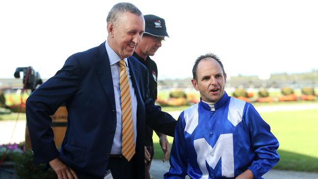 Part-owner Peter Tighe and Larry Cassidy were blown away by Winx’s stunning win. Picture: Tara Croser