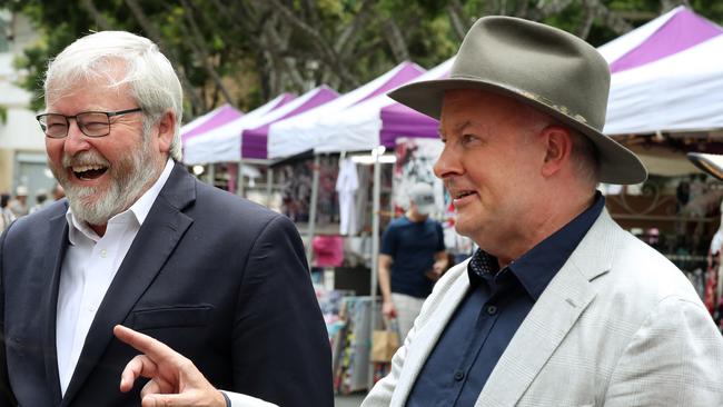 Former PM Kevin Rudd and The Leader of the Australian Labor Party, Anthony Albanese, tour the Southbank Collective Markets, South Brisbane. Photographer: Liam Kidston.