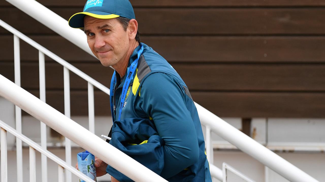 SOUTHAMPTON, ENGLAND – SEPTEMBER 04: Australia Head Coach Justin Langer looks on during the 1st Vitality International Twenty20 match between England and Australia at The Ageas Bowl on September 04, 2020 in Southampton, England. (Photo by Dan Mullan/Getty Images)