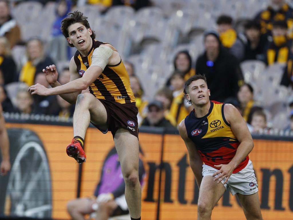 Will Day snaps at goal during Hawthorn’s win over Adelaide. Picture: Michael Klein