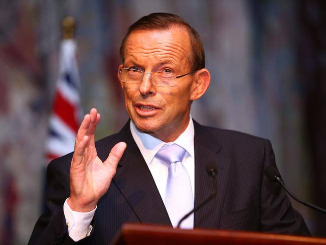 FILE - 26 AUGUST 2020: Ex Australian PM Tony Abbott has been hired by British PM Boris Johnson to become President of the UK's Board of Trade. He will hold the title jointly with UK Trade Secretary Liz Truss. CANBERRA, AUSTRALIA - MARCH 25:  The Australian Prime Minister Tony Abbott makes a speech during the Governor Generals farewell reception at Parliament House on March 25, 2014 in Canberra, Australia. Quentin Bryce was the first female Governor-General of Australia, her term as the Queen's representative in Australia lasted five and a half years.  (Photo by Mark Nolan/Getty Images)