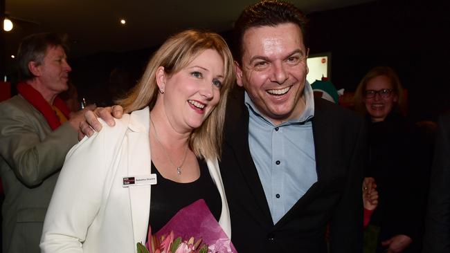 New member for Mayo Rebekha Sharkie with NXT party leader Nick Xenophon at the post-election party. Picture: Campbell Brodie.