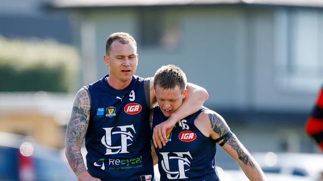 Launceston Football Club players Mitchell Thorp and Dylan Riley celebrate one of Thorp's goals. Lauderdale vs Launceston Football Club at Windsor Park at Riverside, Launceston. Picture: PATRICK GEE