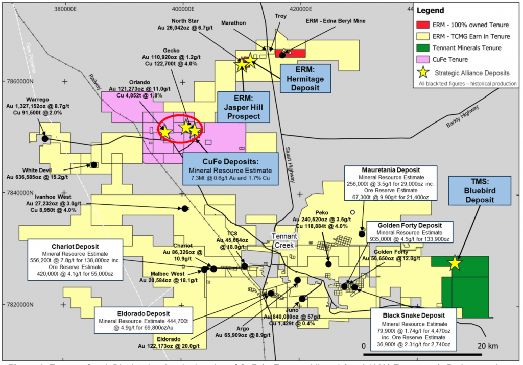 Map: Tennant Creek district showing the location of CuFe’s, Tennant Minerals’ and 100% Emmerson’s projects and area covered by Emmerson’s exploration JV (EEJV) with TCMG. Source: CUF