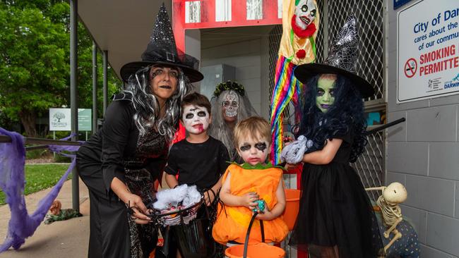 Councillor Sylvia Klonaris, Zac McCarthy, Lachie McCarthy and Serena McCarthy at Spook-Tacular Halloween Haunted House Disco at the Malak Community Centre. Picture: Pema Tamang Pakhrin