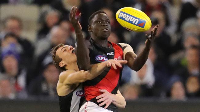 Essendon debutant Tom Jok takes a mark in the second quarter. Picture: Michael Klein