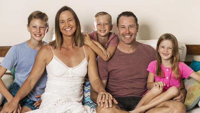 Brooke Hanson with her husband Jared Clarke and children, Cooper, Billy and Matilda. Picture: Nigel Hallett