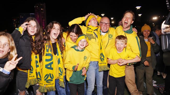 Matilda fans cheer on the Australian women football team from Homebush in Sydney Olympic Park as the Matildas play France in QLD this evening. Aussie fans go nuts after the Matildas win in a penalty shoot out for the ages. Picture: Sam Ruttyn