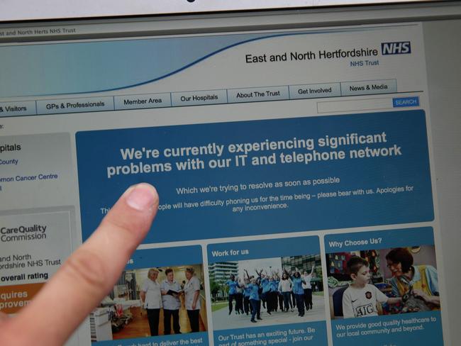 The NHS: East and North Hertfordshire notifying users of a problem in its network on May 12. Picture: Daniel Leal-Olivas/AFP