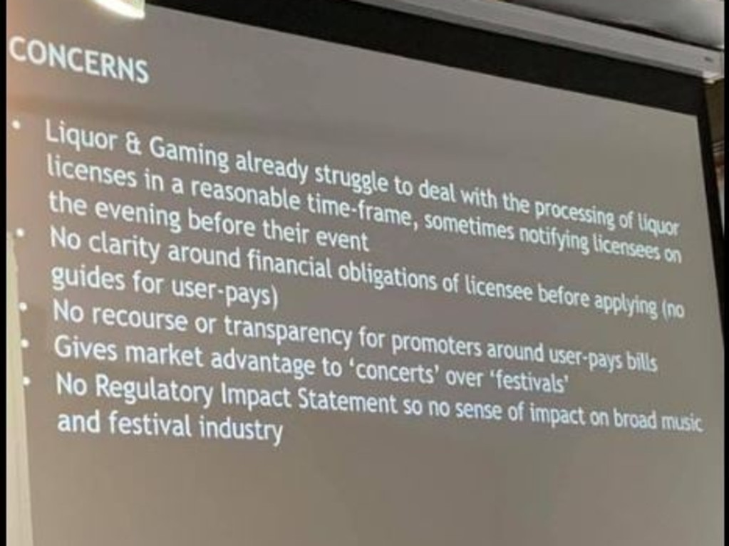 Slides from a meeting last night were presented to concerned festival stakeholders in Redfern.