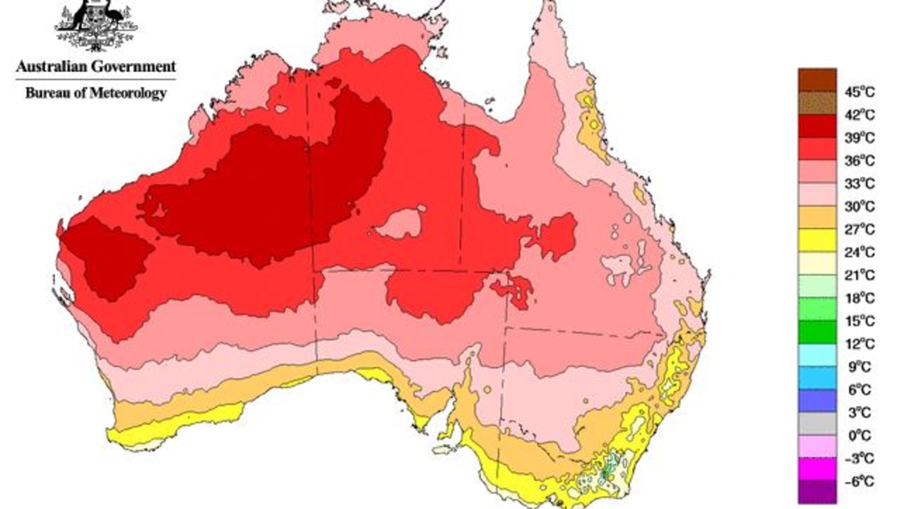 The graphic above shows average maximum temperatures across Australia for March 2019. Picture: Bureau of Meteorology.