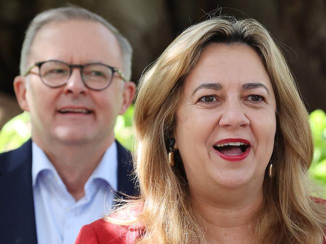 FEDERAL ELECTION TEAM 2022. LABOR BUS TOUR 2/5/2022. Labor leader Anthony Albanese during a press conference at the start of the Qld Labour Day march and rally, Brisbane QLD. Accompanied by QLD Premier Annastacia Palaszczuk Picture: Liam Kidston