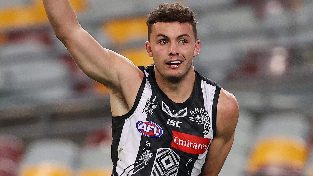 Flynn Appleby kicked a goal against North Melbourne in his only AFL game in 2020. Now he is training with the Kangaroos after being delisted by Collingwood. Picture: Michael Klein