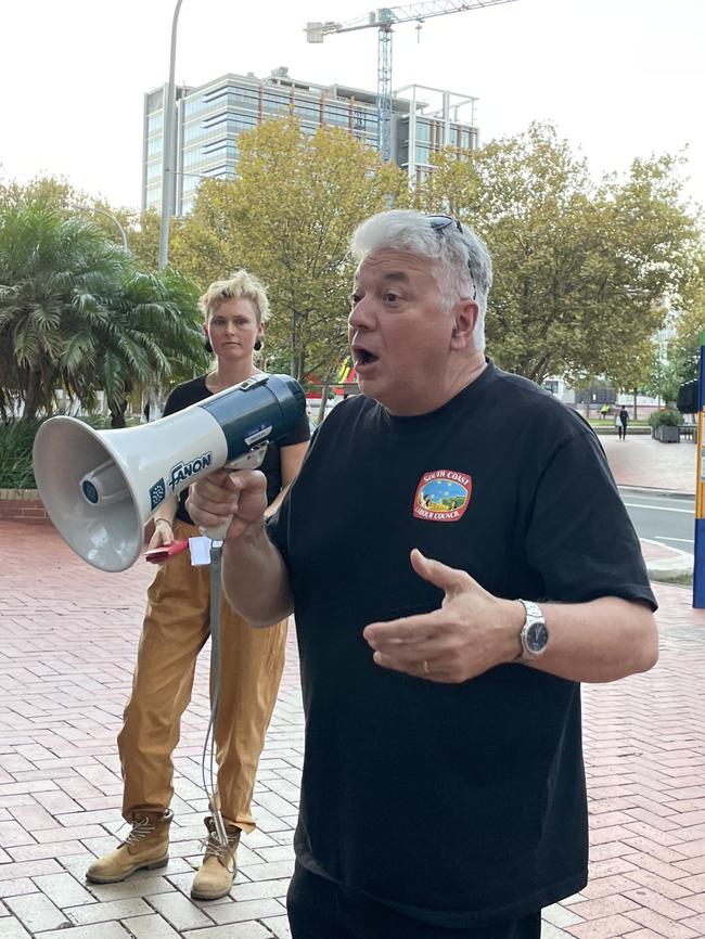 Secretary of the South Coast Labour Council Arthur Rorris speaking to protesters. Picture: Dylan Arvela