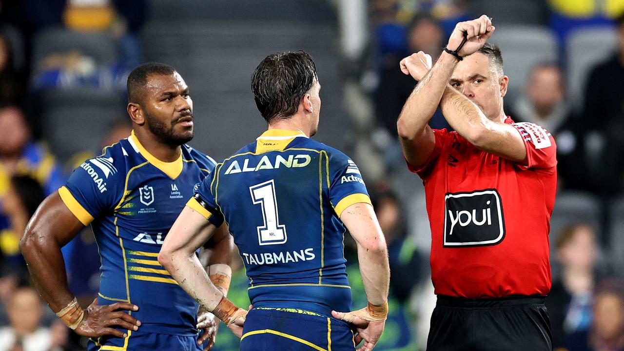 SYDNEY, AUSTRALIA - JULY 16: Maika Sivo of the Eels is placed on report by referee, Chris Butler during the round 20 NRL match between Parramatta Eels and Gold Coast Titans at CommBank Stadium on July 16, 2023 in Sydney, Australia. (Photo by Brendon Thorne/Getty Images)
