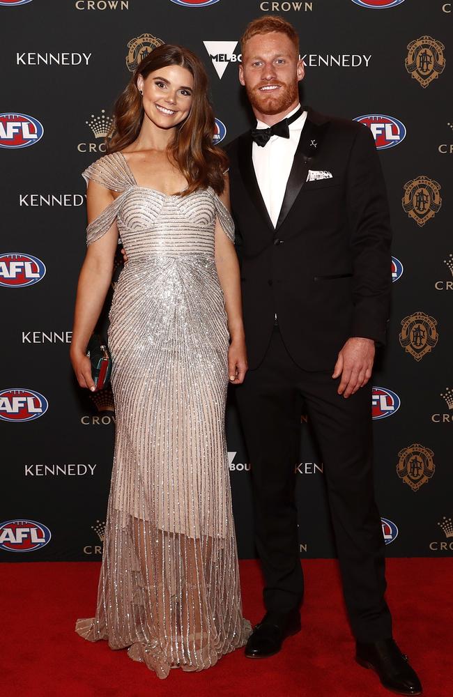 Nick Vlastuin and Georgia Kelly walk the red carpet. Picture: Daniel Pockett/AFL Photos