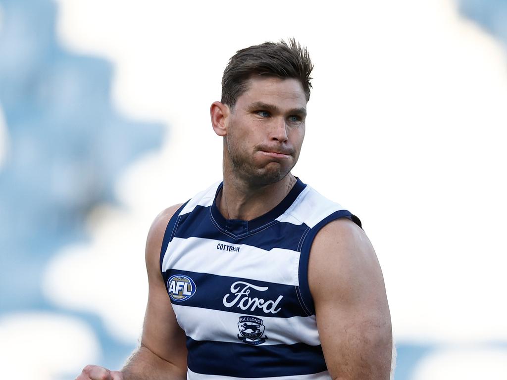 GEELONG, AUSTRALIA - JULY 29: Tom Hawkins of the Cats celebrates a goal during the 2023 AFL Round 20 match between the Geelong Cats and the Fremantle Dockers at GMHBA Stadium on July 29, 2023 in Geelong, Australia. (Photo by Michael Willson/AFL Photos via Getty Images)