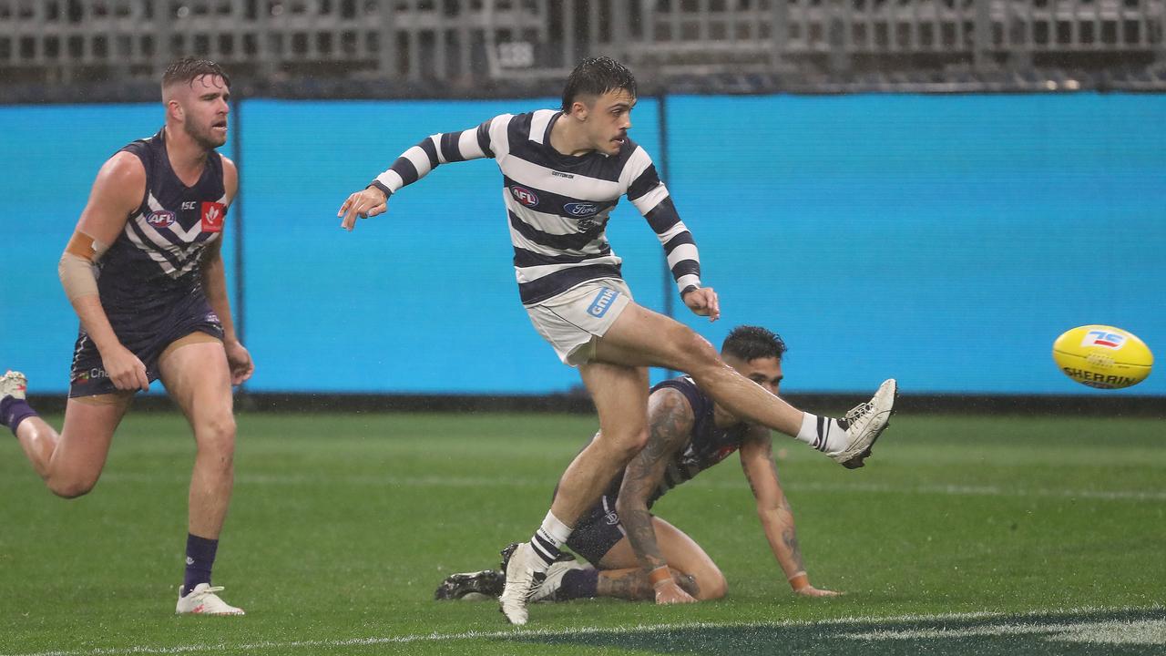 Geelong’s Brad Close kicked his first goal 65 seconds into the match against Fremantle - then the scoring stopped. Picture: Paul Kane