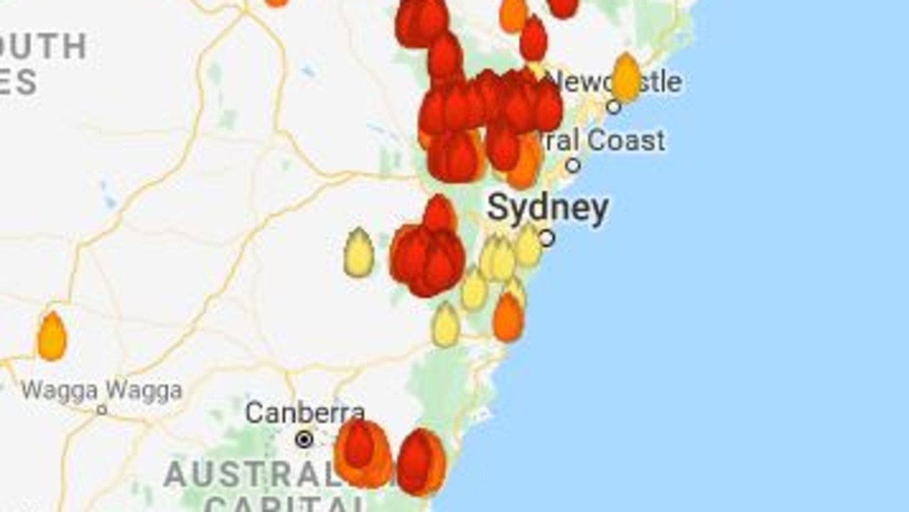 Almost 130 fires are burning across NSW. Picture: MyFireWatch