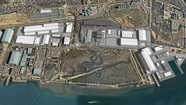 Artist impression of the Osborne shipyard showing the eventual expansion around the Mutton Cove Conservation Reserve. Picture: Supplied