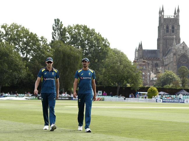 WORCESTER, ENGLAND - AUGUST 07: Josh Hazlewood and Mitchell Starc of Australia warm up during day one of the Tour Match between Worcester CCC and Australia at New Road on August 07, 2019 in Worcester, England. (Photo by Ryan Pierse/Getty Images)