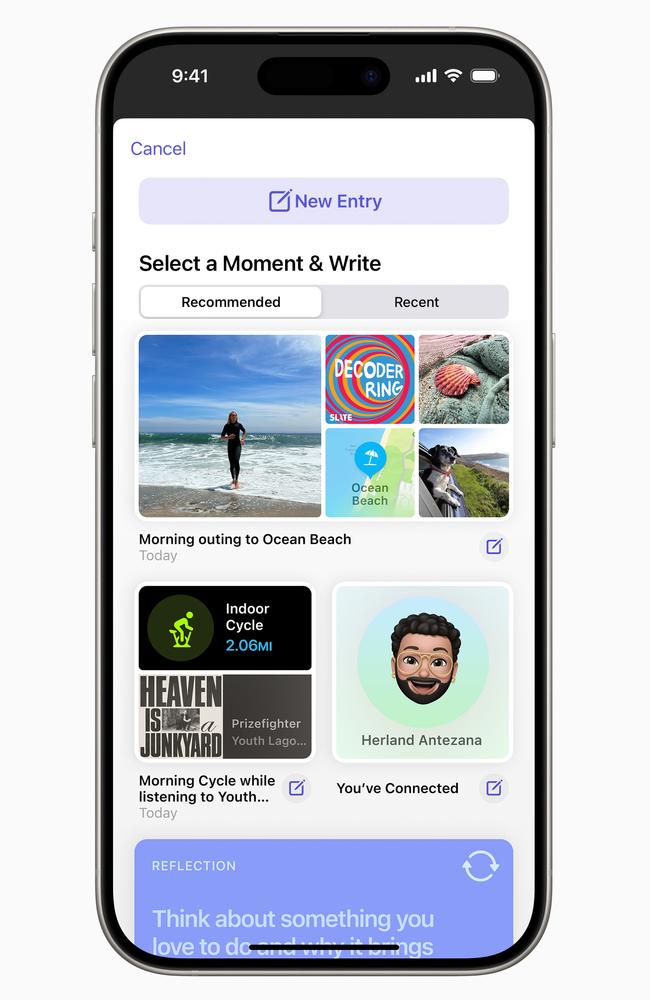 Apple's new Journal app can offer users suggestions on what to write about based on their activity. Picture: Apple