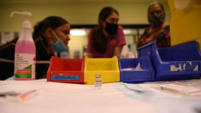 Covid-19 Vaccination sits ready to be administered for people as soon as they come in to Sunrise Barunga Clinic. Picture: (A)manda Parkinson