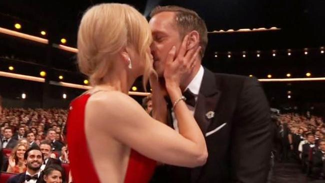 2017 Emmys: Alexander Skarsgard kisses co star Nicole Kidman on the lips after winning an Emmy.