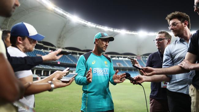 Australia coach Justin Langer holds court with the media. Picture: Getty Images