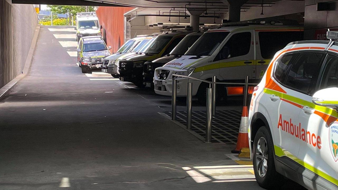 Ambulances ramped outside the Royal Hobart Hospital emergency department on January 4, 2021. Picture: HACSU