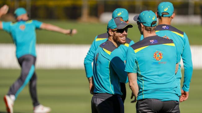 David Warner and Smith were all smile at the World Cup camp. Picture: AAP Image/Glenn Hunt