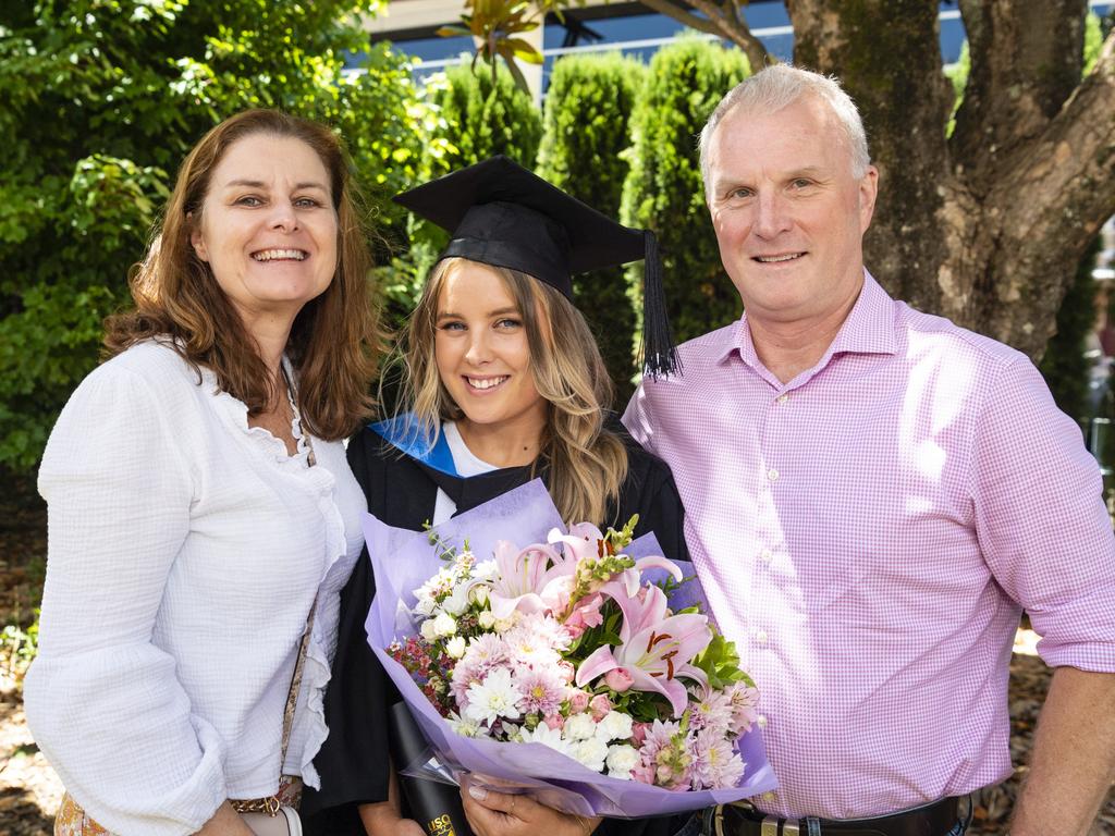 Bachelor of Nursing graduate Samantha Barnwell with parents Sue and Peter Barnwell at the UniSQ graduation ceremony at Empire Theatres, Wednesday, December 14, 2022.