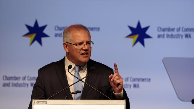 Prime Minister Scott Morrison speaks at the Chamber of Commerce and Industry WA (CCI) Breakfast with the Prime Minister event in Perth, Monday, June 24, 2019. (AAP Image/Richard Wainwright) NO ARCHIVING