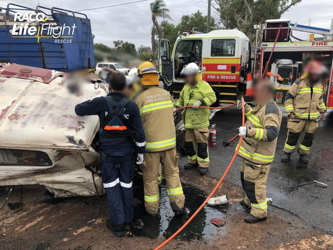 A man who was trapped in his vehicle after a horror collision on the Moonie Highway has been rushed to hospital with significant head injuries. Photo/RACQ Lifeflight