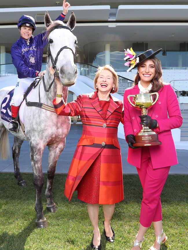 Jockey Craig Williams, racing royalty Gai Waterhouse and model Rebecca Harding. Picture: Alex Coppel