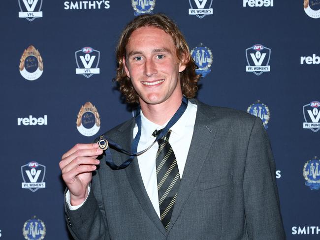 MELBOURNE, AUSTRALIA - SEPTEMBER 18: Sam Clohesy of Werribee poses after winning the 2023 Fothergill-Round-Mitchell Medal during the 2023 VFL and VFLW Awards at Crown Palladium on September 18, 2023 in Melbourne, Australia. (Photo by Graham Denholm/AFL Photos via Getty Images)