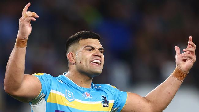 GOLD COAST, AUSTRALIA - AUGUST 04: David Fifita of the Titans reacts during the round 23 NRL match between Gold Coast Titans and New Zealand Warriors at Cbus Super Stadium on August 04, 2023 in Gold Coast, Australia. (Photo by Chris Hyde/Getty Images)