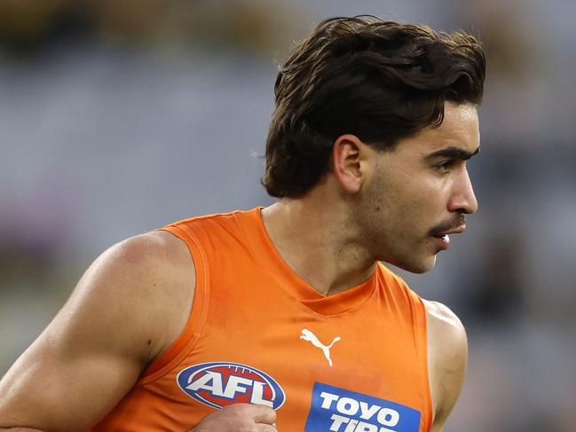 MELBOURNE, AUSTRALIA - JULY 14:  Toby Bedford of the Giants celebrates a goal during the round 18 AFL match between Richmond Tigers and Greater Western Sydney Giants at Melbourne Cricket Ground, on July 14, 2024, in Melbourne, Australia. (Photo by Darrian Traynor/AFL Photos/via Getty Images)