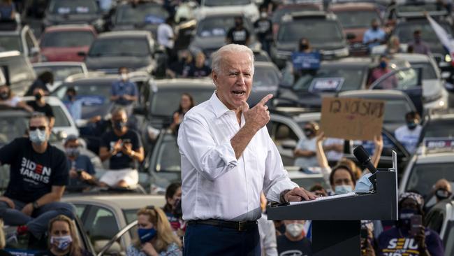 Joe Biden speaks at a drive-in campaign rally in the parking lot of Cellairis Ampitheatre this week in Atlanta, Georgia. Picture: AFP