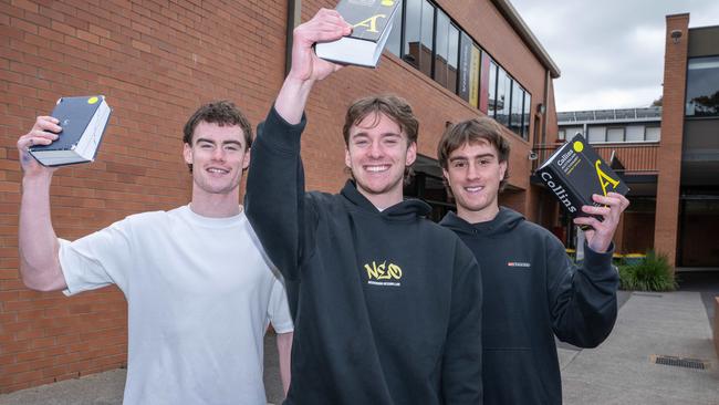 29-10-2024 Year 12 English exam at St Josephs. Jude Payne, Kane Shaw and Oliver Sanders.  Picture Brad Fleet