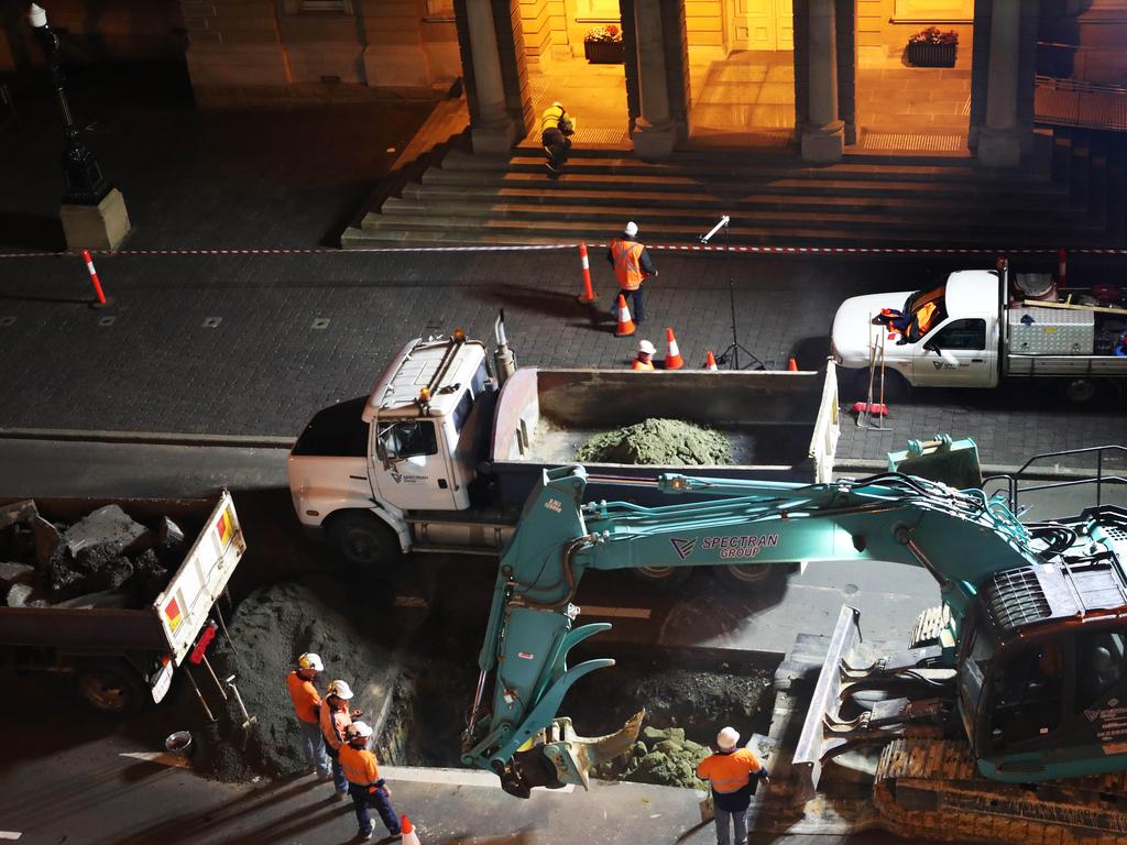 Work in Macquarie Street Hobart on the hole that will house the chamber performance artist Mike Parr will live in for 72 hours during Dark Mofo. Picture: NIKKI DAVIS-JONES