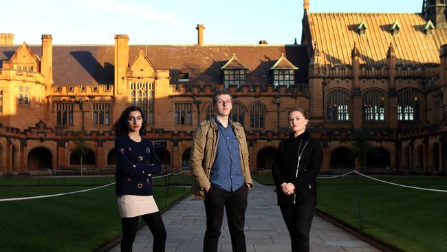 07/06/2018: Jewish students Janine Joseph, Ben Ezzes and Dana Segal at Sydney University. They are protesting a Sydney Uni publication which ran a picture of an anti-Israeli suicide bomber on their front cover.Pic by James Croucher