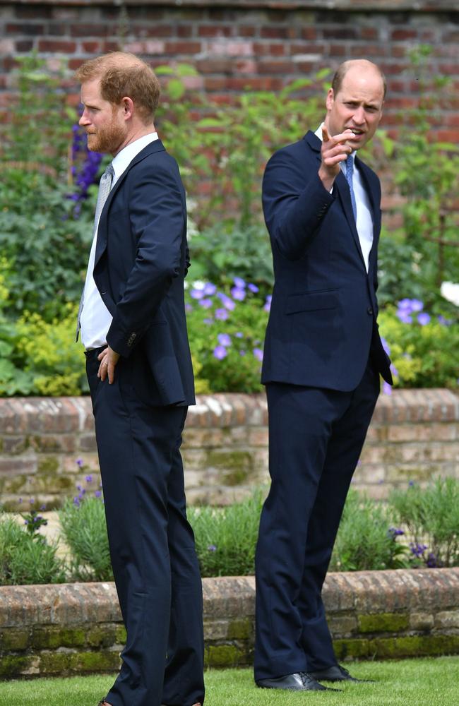 Prince Harry, Duke of Sussex and Prince William, Duke of Cambridge during the unveiling of a statue they commissioned of their mother Diana, Princess of Wales. Picture: Getty